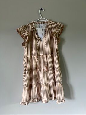 Sugarlips Vertical Stripe Tassel-Neck Dress in White & Brown